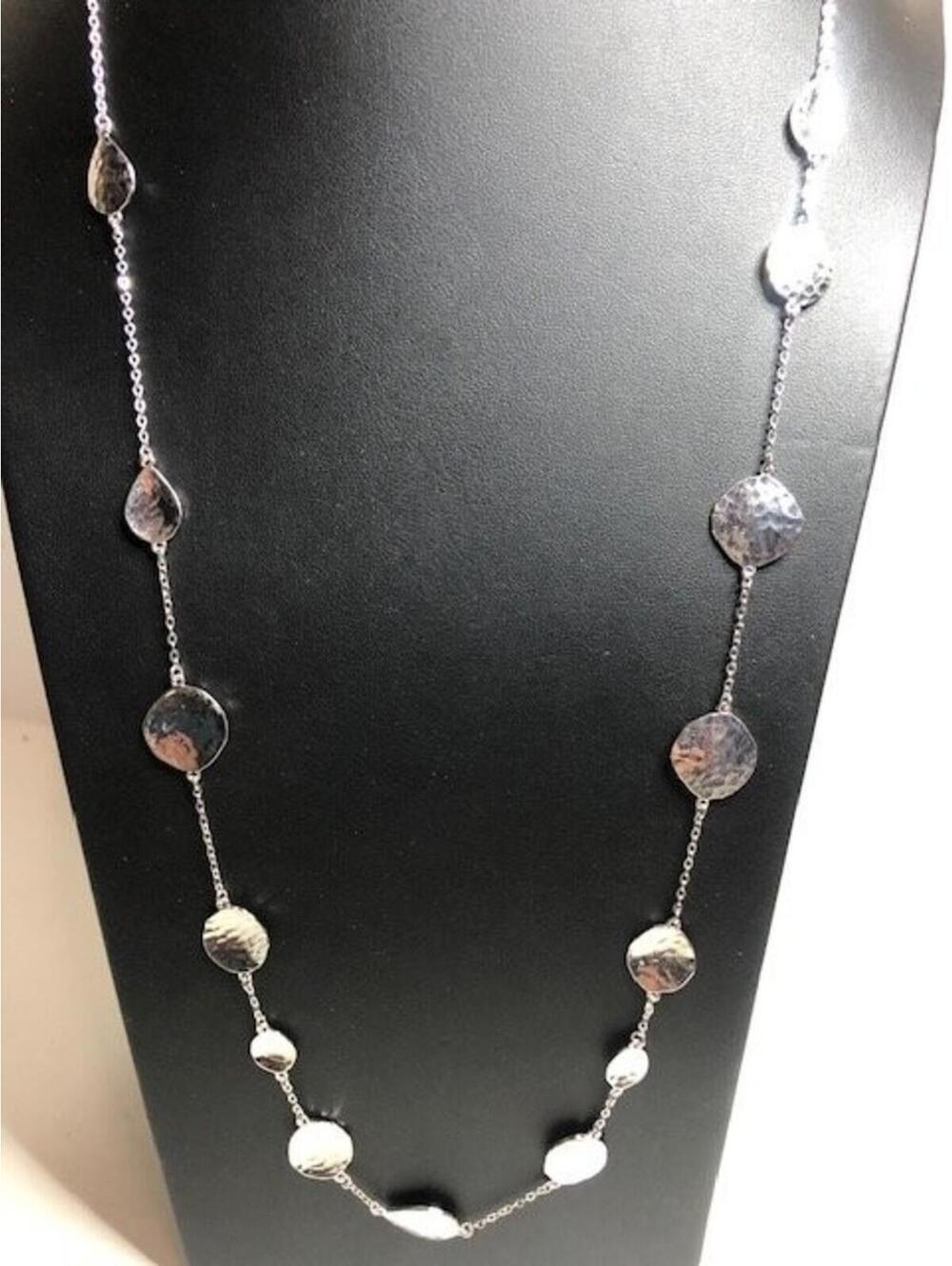 9618 MELINDA MARIA Necklace 38" Hammered Silver tone Disc station Chain long - Picture 2 of 3